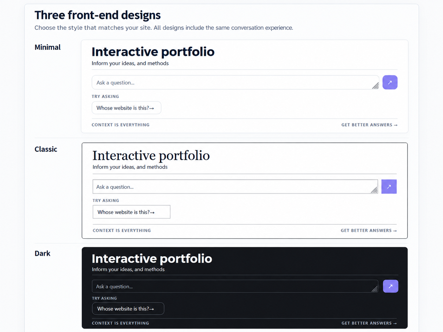 The public question panel shown in its three designs, Minimal, Classic and Dark, each with a question field and a suggested question.