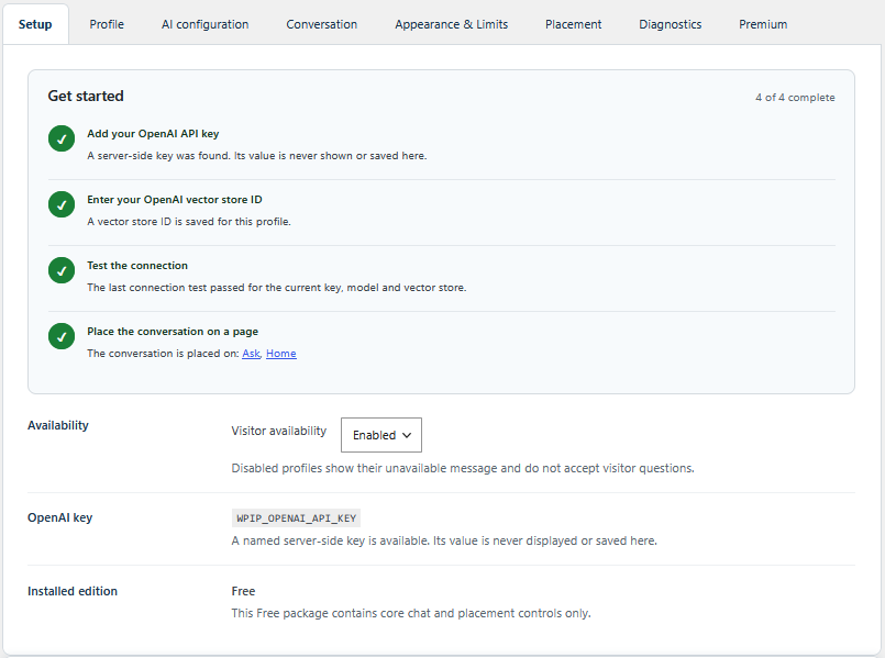 The Setup tab, with a Get started checklist showing the API key, vector store, connection test and page placement all complete.