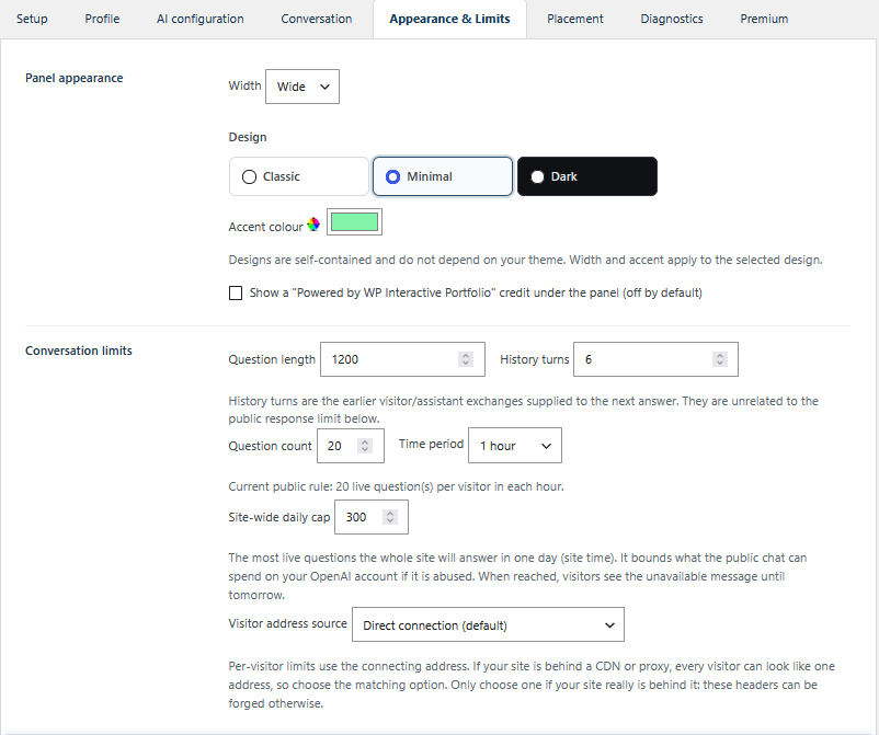 The Appearance and Limits tab, with design, width and accent colour choices and the public question limits.