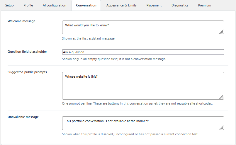 The Conversation tab, with fields for the welcome message, question placeholder, suggested prompts and unavailable message.